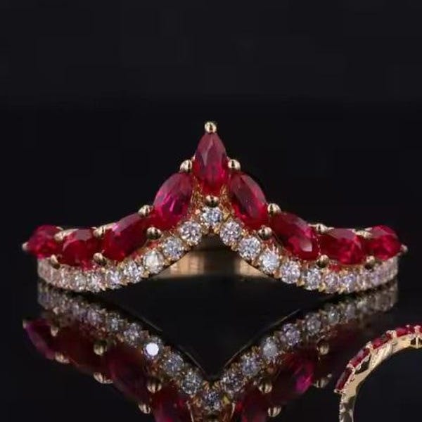 Marquise Ruby Wedding Ring: 925 Sterling Silver Crown Bridal Ring