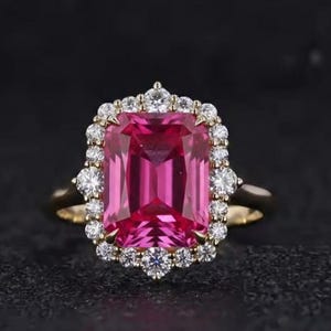 Lab Created Ruby Halo Ring, 925 Sterling Silver, Emerald Cut, Bridal Gift Anniversary Ring