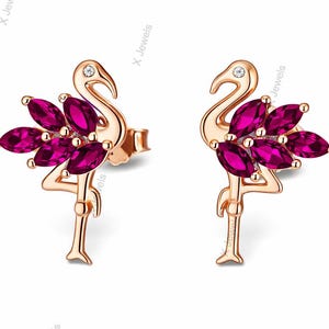 Pendientes de rubí con forma de flamenco en plata de ley 925 y oro rosa. Joyería nupcial, regalos para ella.