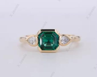 Asscher Cut Emerald Ring Moissanite Accents 925 Sterling Silver
