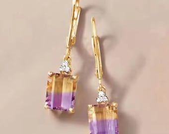 Pendientes colgantes de ametrina con corte esmeralda, plata de ley 925, hechos a mano, para mujer