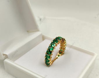 Green Emerald Full Eternity Band May Birthstone Ring Yellow Gold Wedding Ring for Women