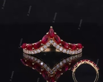 Alliance en argent sterling 925 sertie d'un rubis marquise : bague de mariée couronne