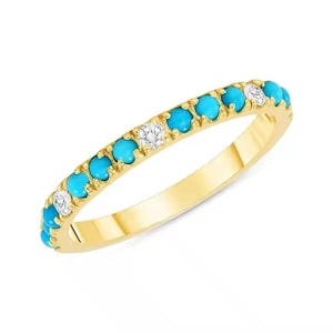 Turquoise Moissanite Half Eternity Wedding Band: Yellow Gold Plated Sterling Silver