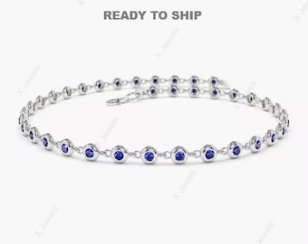 Pulseira feminina com corrente de safira azul, formato redondo, em prata de lei 925, ideal para presentes de casamento e aniversário.