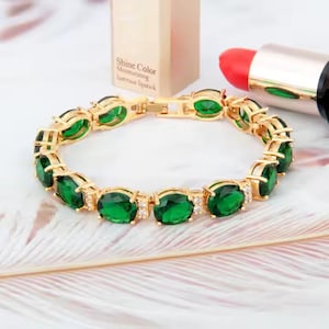 Oval Shape Emerald Tennis Bracelet With Round Moissanite 14k Gold Plated Bridal Jewelry