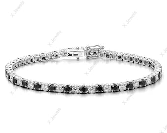 Round Shape Black Onyx With Moissanite Sterling Tennis Bracelet 925 Silver Handmade Gemstone Bracelet