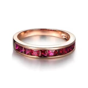 Bague barrette rubis forme princesse : anneau en argent sterling plaqué or rose 14 carats