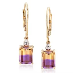 Emerald Cut Ametrine Dangle Earrings: 14K Gold Plated Gemstone