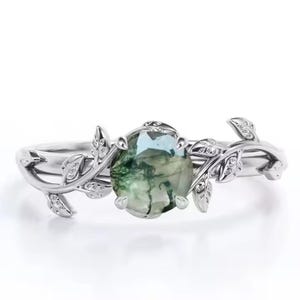 Round Shape Art Deco Moss Agate Engagement Ring: Sterling Silver Leaf Bridal Ring