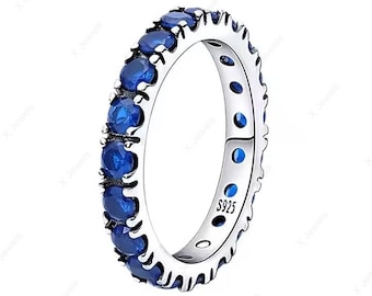 925 Sterling Silver Blue Sapphire Eternity Ring Full Eternity Band  For Wedding Anniversary Gifts