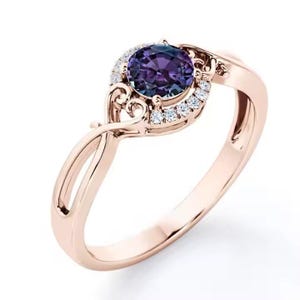14k Rose Gold Plated Alexandrite Wedding Ring Round Alexandrite Engagement Ring Antique Art Deco Bridal Anniversary Ring Women Promise Ring