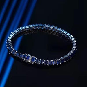 Emerald Cut Lab Blue Sapphire Tennis Bracelet: Sterling Silver Plated USA tariff duity free