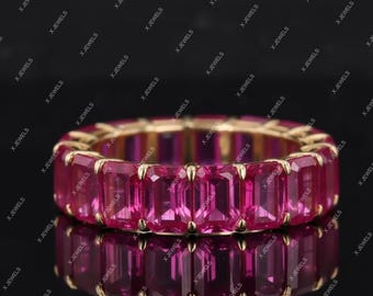 Green Emerald Full Eternity Band May Birthstone Ring Yellow Gold Wedding Ring for Women