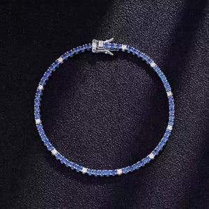 Lab Blue Sapphire Tennis Bracelet: Sterling Silver Bridal Jewelry USA tariff duity free