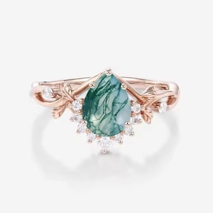 Pear Moss Agate Ring: 14k Rose Gold Plated Leaf Wedding Ring
