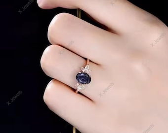 Blue Sandstone Ring 925 Sterling Silver Engagement Galaxy Gemstone Ring Statement Rings For Women