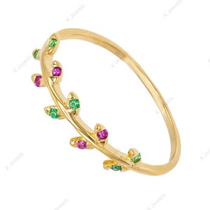 Anillo de esmeralda y rubí con banda de hoja de plata de ley 925, delicado anillo apilable con piedras preciosas, regalo para mujer