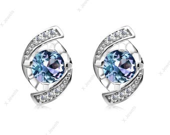 Pendientes redondos de alejandrita creados en laboratorio, plata de ley 925, joyería nupcial hecha a mano para mujer.