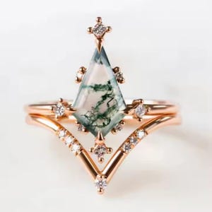 Kite Moss Agate Engagement Ring Set: Rose Gold Plated Sterling Silver Wedding Rings