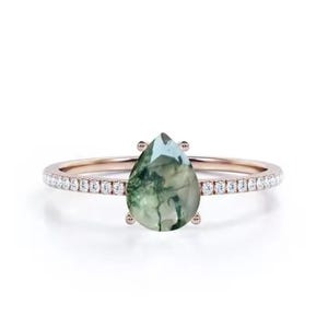Pear Moss Agate Engagement Ring: Rose Gold Plated Sterling Silver