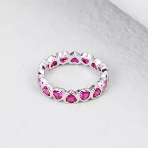 Lab Ruby Heart Ring: Sterling Silver Full Eternity Wedding Band