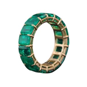 Green Emerald Full Eternity Band May Birthstone Ring Yellow Gold Wedding Ring for Women