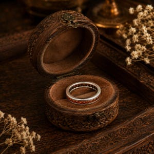 May include: A silver ring with a band of orange gemstones rests inside an open, ornate wooden jewelry box. The box is lined with brown velvet and sits on a dark wooden surface. Dried flowers are in the background, adding to the warm, vintage aesthetic.