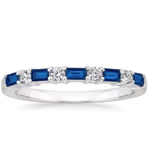 Baguette Blue Sapphire Moissanite Sterling Silver Wedding Band