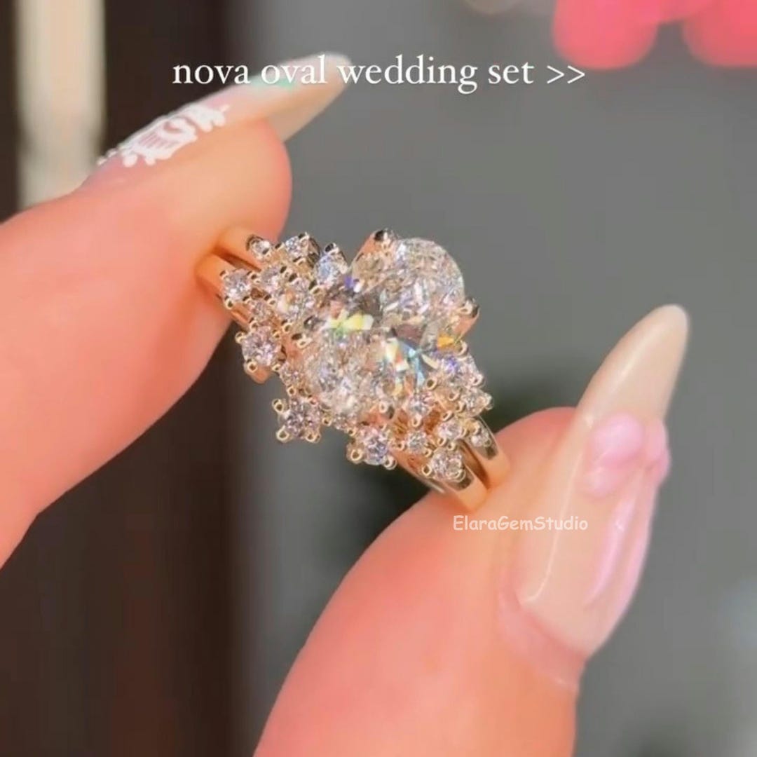 3 CT Oval Cut Moissanite Nature Inspired Bridal Set Engagement Ring ...