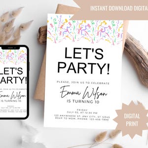 Colorful simple confetti birthday invitation card Canva Template | Printable Birthday Party Invite | Birthday Digital Download