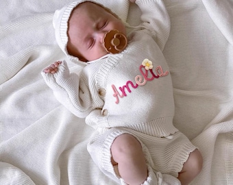 Hand Knitted Baby Cardigans Sweater, Personalised Frill White Name Cardigan Set, Hat, Pants, Embroidered Name Cardigan, Coming Home Outfit