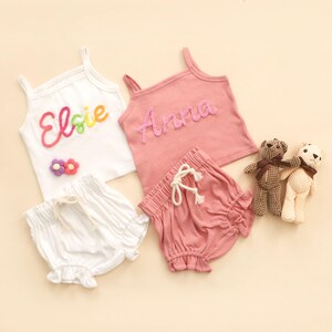 Personalized Baby Girl Summer Outfit, Embroidered Name Ruffle Set, Custom Name Baby Short Sleeve Tee and Shorts Set, Newborn Outfit image 13