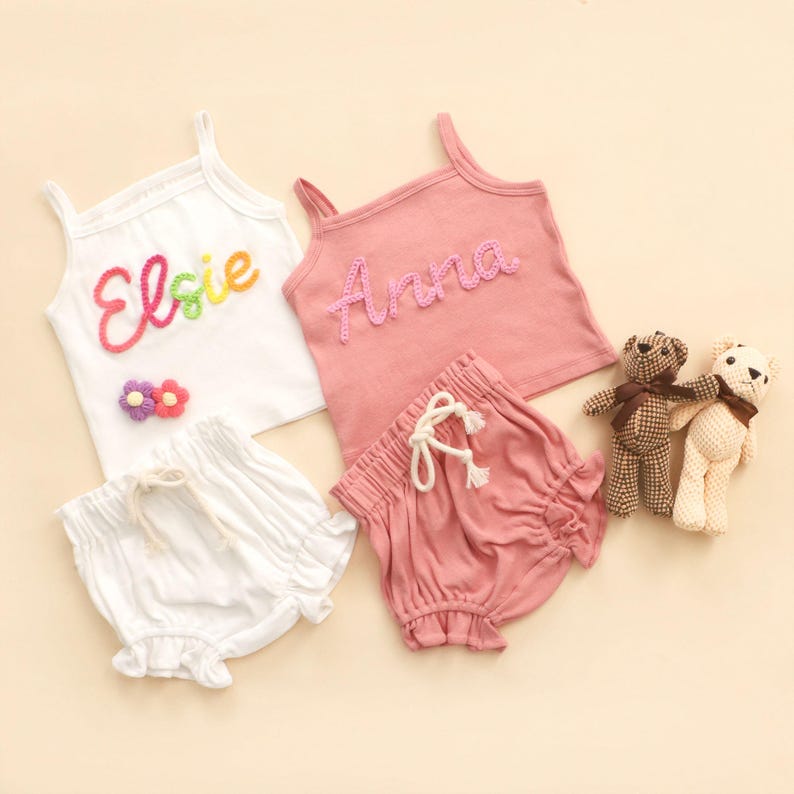 Personalized Baby Girl Summer Outfit, Embroidered Name Ruffle Set, Custom Name Baby Short Sleeve Tee and Shorts Set, Newborn Outfit image 13