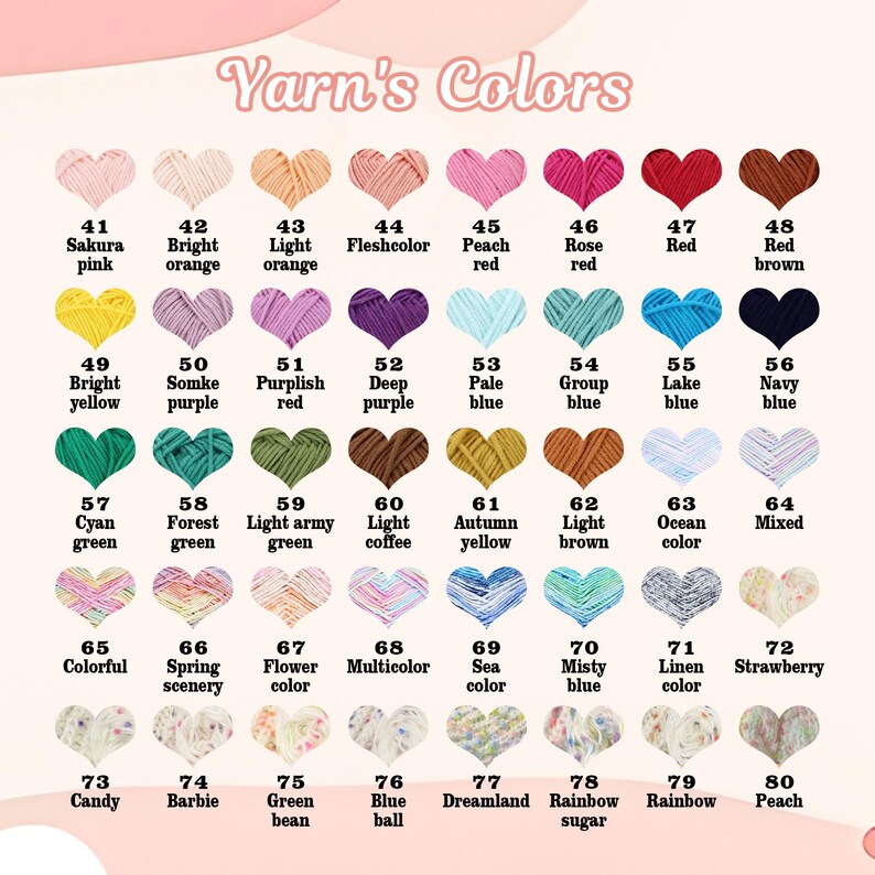 May include: A colour chart titled "Yarn's Colors" displays 40 yarn colours in heart-shaped swatches. Colours range from pinks and oranges to blues and greens, with names like "Sakura pink" and "Navy blue." The chart is designed for yarn selection.