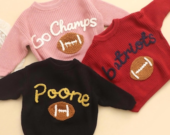 Custom Sports Sweater, Embroidered Game Day Outfit, Personalized Team Spirt Apparel, Baby Sweater with Football, Knitted Basketball Sweater