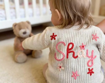 Personalised Knit Baby Cardigan, Toddler Embroidered Chunky Sweaters, Custom Newborn Cardigan with Name, First Birthday Outfit,New Born Gift