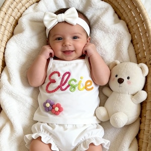 Personalized Baby Girl Summer Outfit, Embroidered Name Ruffle Set, Custom Name Baby Short Sleeve Tee and Shorts Set, Newborn Outfit image 1