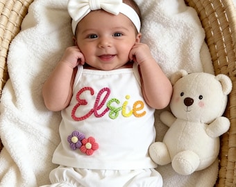 Conjunto de verano personalizado para bebé niña, conjunto con volantes y nombre bordado, conjunto de camiseta de manga corta y pantalones cortos para bebé con nombre personalizado, conjunto para recién nacida.