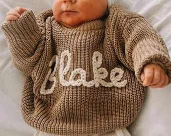 Personalized Name Baby Sweater, Toddler Knit Sweater, Pink Baby Girl Sweater with Name, Custom Baby Boy Jumper, First Birthday Gift