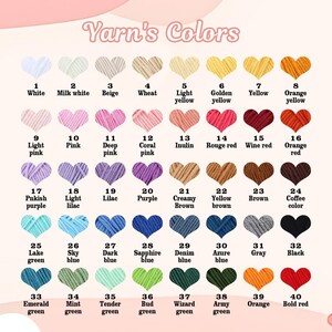 K&ouml;nnte beinhalten: Eine Farbkarte mit dem Titel "Yarn's Colors" zeigt 40 Garnfarben in Herzform, jede mit einer Nummer und einem Farbnamen versehen. Die Farben reichen von Wei&szlig; bis Schwarz, einschlie&szlig;lich verschiedener Rosa-, Blau-, Gr&uuml;n- und Braunt&ouml;ne.