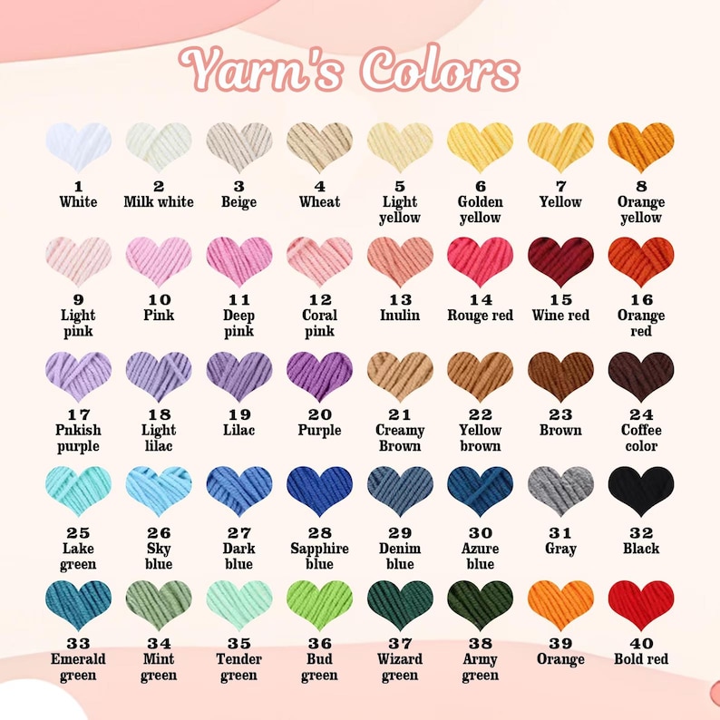 K&ouml;nnte beinhalten: Eine Farbkarte mit dem Titel "Yarn's Colors" zeigt 40 Garnfarben in Herzform, jede mit einer Nummer und einem Farbnamen versehen. Die Farben reichen von Wei&szlig; bis Schwarz, einschlie&szlig;lich verschiedener Rosa-, Blau-, Gr&uuml;n- und Braunt&ouml;ne.
