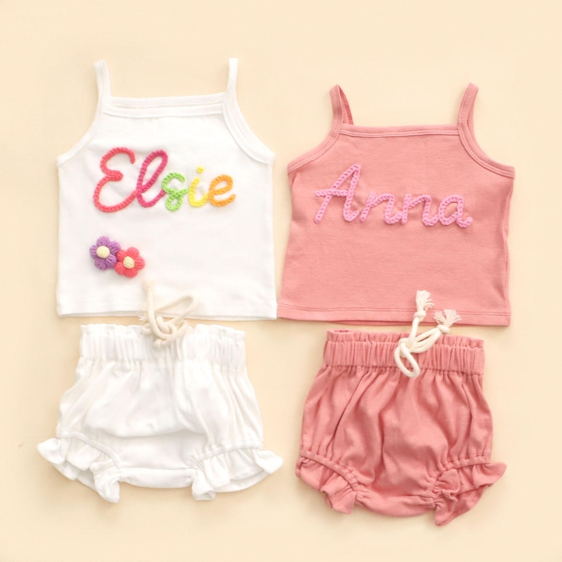 Personalized Baby Girl Summer Outfit, Embroidered Name Ruffle Set, Custom Name Baby Short Sleeve Tee and Shorts Set, Newborn Outfit image 3