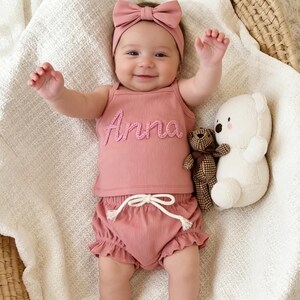 Personalized Baby Girl Summer Outfit, Embroidered Name Ruffle Set, Custom Name Baby Short Sleeve Tee and Shorts Set, Newborn Outfit image 7