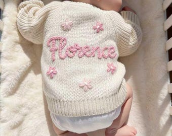 Custom Name Baby Cardigan, Hand Knit Personalized Cardigan, Embroidered Cardigan with Name, Newborn Cardigan, Baby Shower Gifts
