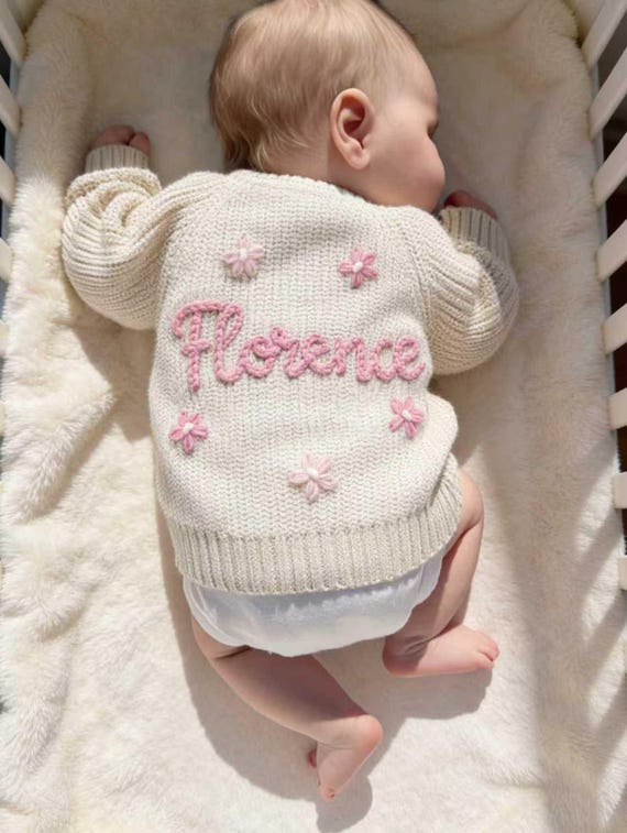 Custom Name Baby Cardigan, Hand Knit Personalized Cardigan, Embroidered Cardigan with Name, Newborn Cardigan, Baby Shower Gifts