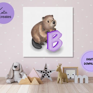 Adorable B is for Beaver Printable Digital Painting for Nursery and Kids&#39; Rooms (Instant Download - Multiple sizes)