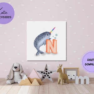 Adorable N is for Narwhal Printable Digital Painting for Nursery and Kids' Rooms (Instant Download - Multiple sizes)