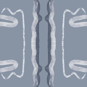 May include: A digital graphic design featuring a muted blue background with a symmetrical pattern. Two vertical, wavy dark blue bands run down the centre, flanked by two white, hand-drawn style rectangular outlines with rounded, open corners.