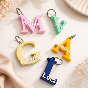 May include: A selection of letter-shaped keyrings in various colours. The keyrings are in the form of the letters M, V, G, A, and L. Each letter is a different colour: pink, green, yellow, orange, and blue. Each keyring has a name printed on it.